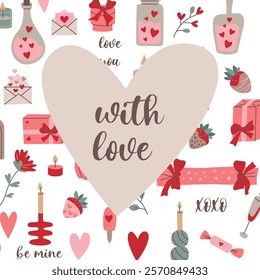 Valentine's Day card featuring hearts, bows, strawberries, gift box on a white background, celebrating love and romance