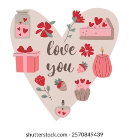 Valentine's Day card featuring hearts, bows, strawberries, gift box on a white background, celebrating love and romance