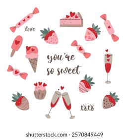 Valentine's Day card featuring hearts, bows, strawberries, champagne glasses on a white background, celebrating love and romance