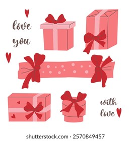 Valentine's Day card featuring hearts, bows, strawberries, gift box on a white background, celebrating love and romance