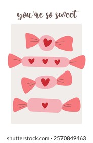 Valentine's Day card featuring hearts, sweets, strawberries, candy on a white background, celebrating love and romance