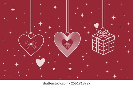 Valentine's Day card featuring minimalist line art on a deep red background. Three elegant hanging ornaments shaped like hearts, each containing unique icons. a rose, a gift box with a bow