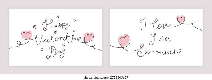 Valentinstag-Karte mit Skizzen mit rotem Herz auf einer Linie mit I Love You und kurzen Valentinstag-Wünschen. Minimales lineares Herzdesign, das Liebe und Fürsorge ausdrückt, einzelne Vektorgrafik