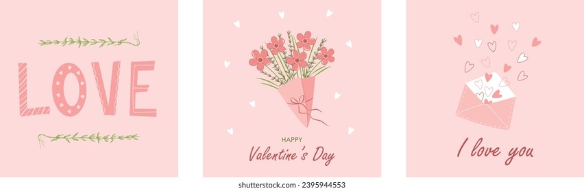 Tarjeta de San Valentín, tarjeta del 14 de febrero, ilustración vectorial de un ramo de flores. Postal con flores. Cartel, pancarta con flores. bonito fondo romántico. Conjunto de amor, sobre con corazones