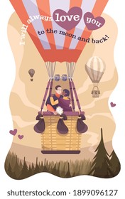 Cartel plano de San Valentín con tarjeta de San Valentín siempre te amaré a la luna y descripción trasera ilustración vectorial