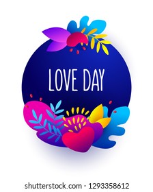 Valentine's Day card in flat style with plants in bright gradient colors. Vector illustration.