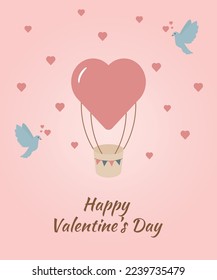 Valentine's day card in flat style. Traditional symbols (heart, pigeon, balloon) on pink background. Vector illustration