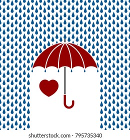 Valentines day card flat umbrella with rain drops, vector illustration