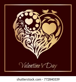 Valentine's day card. Floral heart with a gold pattern, with two birds sitting on a branch.beautiful silhouette of the heart of lace flowers, tendrils and leaves.Vector illustration