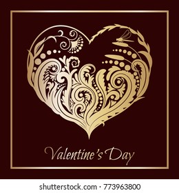 Valentine's day card. Floral heart with a gold pattern.beautiful silhouette of the heart of lace flowers, tendrils and leaves.Vector illustration