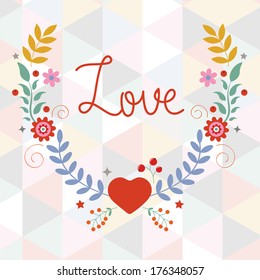Valentine`s day card with floral wreath on geometric background