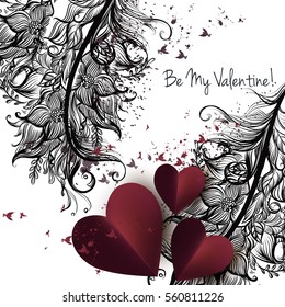 Valentines Day card with flourishes and red hearts