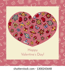 Valentine's Day Card with flowers and hearts on the pink background