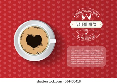 Valentine's day card, flyer, brochure, menu template. Vector illustration. Coffee cup with foam forming a heart shape on seamles sheart pattern with headline and sample text. Overhead point of view.