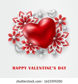 Valentines Day card or flyer with festive red heart and paper flowers. Vector illustration
