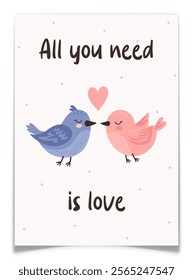 Valentines Day Card with Flying Birds. Cute love letter holiday postcard design. Hand drawn blue and pink canaries couple characters. Cartoon animals pair in love concept. Flat vector illustration.