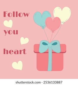 Valentine's Day card. Follow your heart feb 14th heart balloons and box with bow. romantic poster. Vector love symbols in heart shape for greeting card design