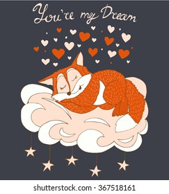 Valentine's day card with fox and hearts. Vector sketch illustration, romantic background.