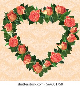 Valentines Day card. Frame in the form of the heart made of flowers and leaves of roses.