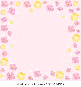 Valentine's day card or frame with hearts, pink and yellow flowers. Sakura and chamomiles. Vector background border.