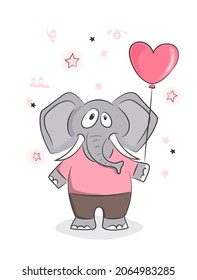Valentines Day card with funny elephant with heart balloon.