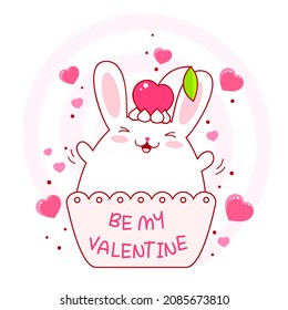 Valentine's day card with funny kawaii fat bunny. Greeting card with happy and cheerful cute white rabbit. Inscription Be my Valentine. Vector illustration EPS 8