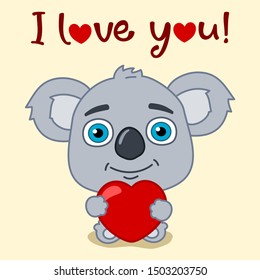 Valentine's day card - funny koala bear with red heart and text I love you
