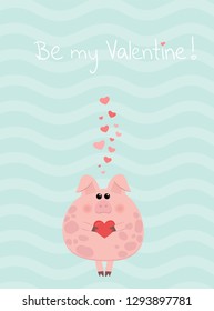 Valentines day card. Funny pig in love vector illustration. Holiday background.