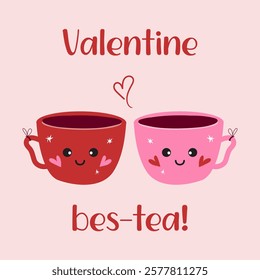 Valentine's Day card. Galentine pink and red tea cups. Valentine best friend bestie girls party gift. Cute cups design. Vector.