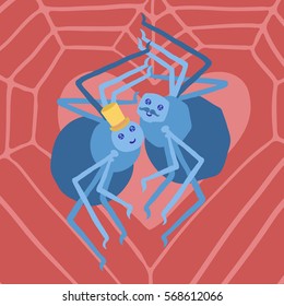 Valentines Day card. Gay couple of cute fat blue spiders, one with mustache, other wearing yellow top hat, smiling, with round shining eyes, standing in red background with pink web and heart.