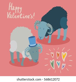 Valentines Day card with gay couple of rams, black and white, wearing blue top hat, with curly fur, dark skin stooping, on pink background with doodle rainbow hearts and lettering