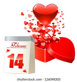 Valentine's day card with gift box, flying red hearts and calendar - vector illustration