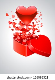 Valentine's day card with gift box and flying red hearts - vector illustration