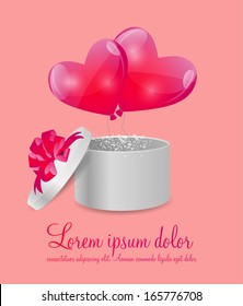 Valentines Day Card with Gift Box and Heart Shaped Balloons, Vector Illustration