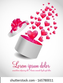 Valentines Day Card with Gift Box and Heart Shaped Balloons, Vector Illustration