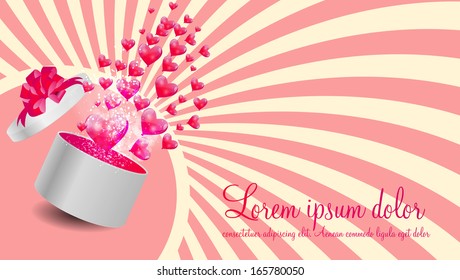 Valentines Day Card with Gift Box and Heart Shaped Balloons, Vector Illustration