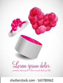 Valentines Day Card with Gift Box and Heart Shaped Balloons, Vector Illustration