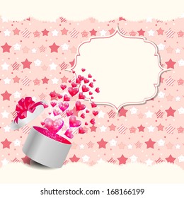 Valentines Day Card with Gift Box and Heart Shaped Balloons, Vector Illustration