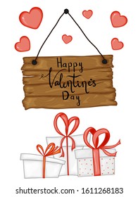 Valentine's Day card with gift boxes. Cartoon style. Vector illustration