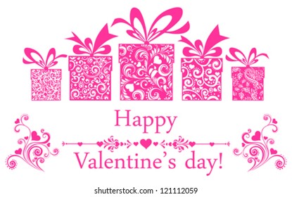 Valentine's Day Card. Gifts box with ribbon. Vector Illustration