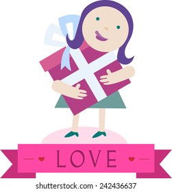 Valentines day card. Girl with box love
