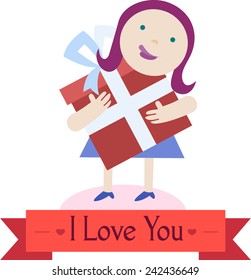 Valentines day card. Girl with box I love you