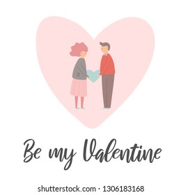 Valentine's day card with girl and boy holding heart. Romantic postcard with man and woman in love