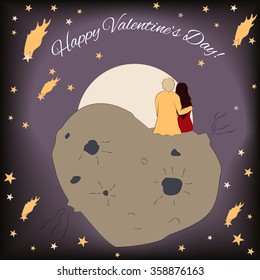 Valentines day card with girl and guy looking at the sunset. Love in cosmos.  Love couple on the heart shape planet. Romantic background.
