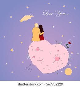 Valentines day card with girl and guy looking at the falling star. Love couple in cosmos on the heart shape planet. Romantic background