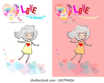   Valentine's Day card with the girl and hearts. The animation girl goes on hearts. A festive Valentine's Day card for February 14.Vector illustration for St. Valentine's Day.