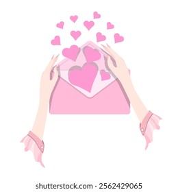 Valentine's day card a girl opens an envelope with hearts.Vector illustration for holiday designs, postcards, banners.
