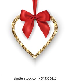 Valentines Day Card. Glittering Golden heart with red bow, place for texton a white background. Vector template.