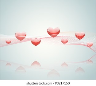 valentine`s day card with glossy hearts and reflection on the cool gradient background