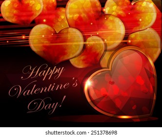Valentines Day card with glowing hearts on abstract background